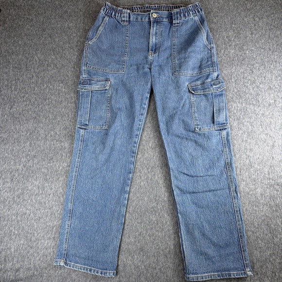 excuse Denim - Excuse Jeans Womens Size L 30x28 Blue Straight Elastic Waist Cargo Pockets Baggy